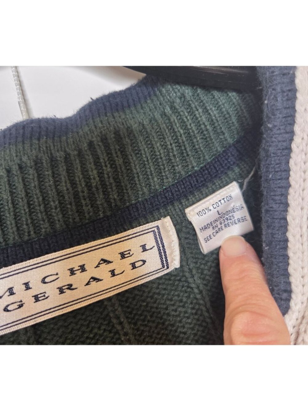VTG Mens Sweater V-Neck Preppy Tennis Cricket Green Navy White Cable Knit - Picture 2 of 6